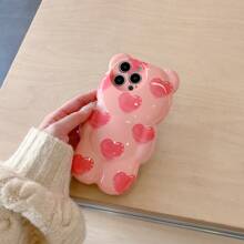 Funny Phone Case Pink 3d Heart Teddy Bear Designed Phone Case Compatible With Iphone Kawaii Waterproof Shockproof Anti-Fall Scratch Resistant - Pink - View 8