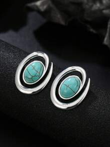 1 对复古绿松石耳环，适合女性日常佩戴 - 復古銀色 - 查看 3