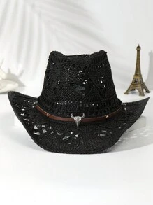 1pcs Unisex Cattle Head Decor Cowboy Hat Hollow Out Printed Cowgirl Hat Casual Sun Hat Spring Summer Travel Shade Beach Hat Straw Hat - 黑色 - 查看 1