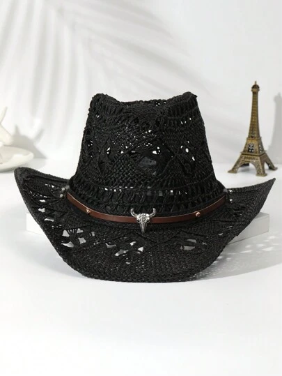 1pcs Unisex Cattle Head Decor Cowboy Hat Hollow Out Printed Cowgirl Hat Casual Sun Hat Spring Summer Travel Shade Beach Hat Straw Hat