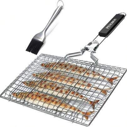 Fish Grilling Basket, Folding Portable Stainless Steel BBQ Grill Basket For Fish Vegetables Shrimp With Removable Handle, Come With Basting Brush And Storage Bag