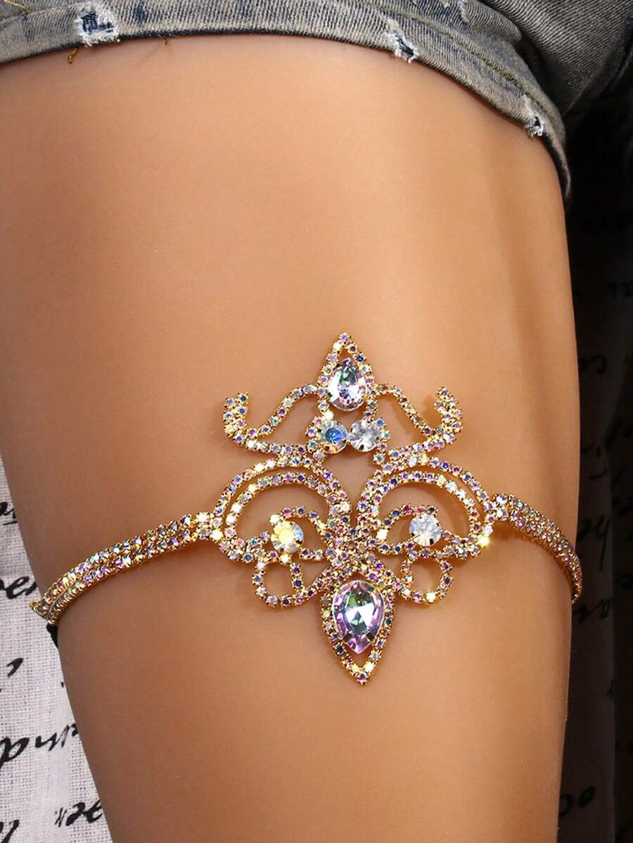STONEFANS 1 Pc Sexy Elastic Rhinestone Leg Chain, Geometric Design Body Jewelry, European & American Fashion - Gold - View 1