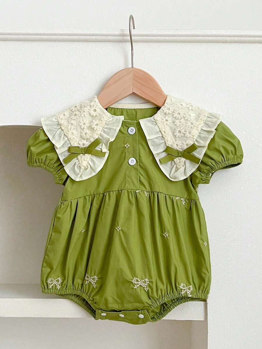 夏季新款女婴刺绣蝴蝶结甜美蕾丝连体衣 - 綠色 - 查看 1