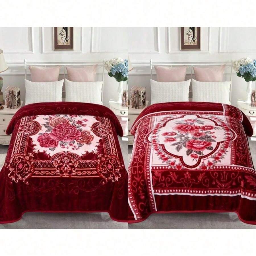 2 Ply Reversible Fuzzy Silky Warm And Cozy Plush Soft Embossed Blanket - Flower/Burgundy - View 1