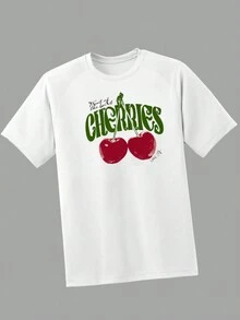 Letter & Cherry Print Raglan Sleeve Tee - White - View 1