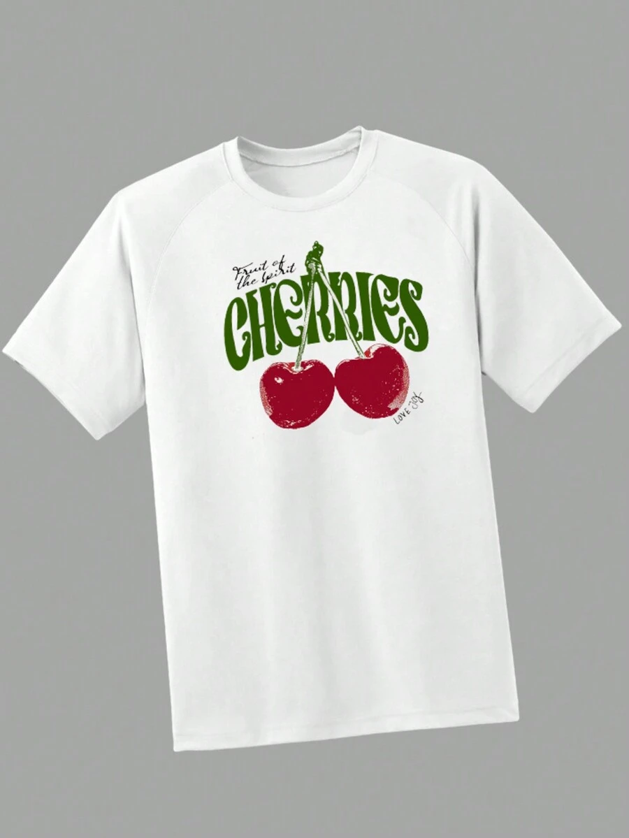 Letter & Cherry Print Raglan Sleeve Tee - White - View 1