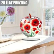 1pc Bohemian Art Deco Apple-Shaped Acrylic Decorative Sign With Poppy Flower Design, 18x20cm/7x7.8in, Tabletop Floral Ornament, Multipurpose Desk Decor For Home, Office, Bedroom, Cafe, Living Room, Birthday Gift Idea
