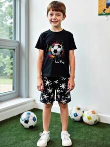 2pcs/Set Boy Sports Outfit Summer, Short Sleeve T-Shirt With Football & English Print, Black Top + Shorts, Suit For Outdoor Sports - Black - View 2