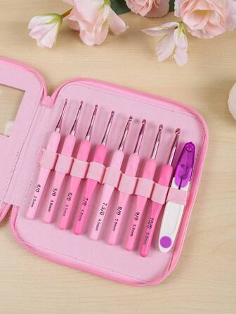 1 Set Gradient Pink Soft Handle Haaknaaldenset, Breigereedschap, Haaknaalden, Truinaalden