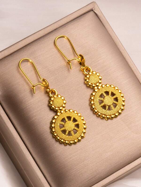 24K Gold Plated Vintage Moon & Sun Design Earrings, Bohemian Style Women's Earrings, Party Gift, Suitable For Eid