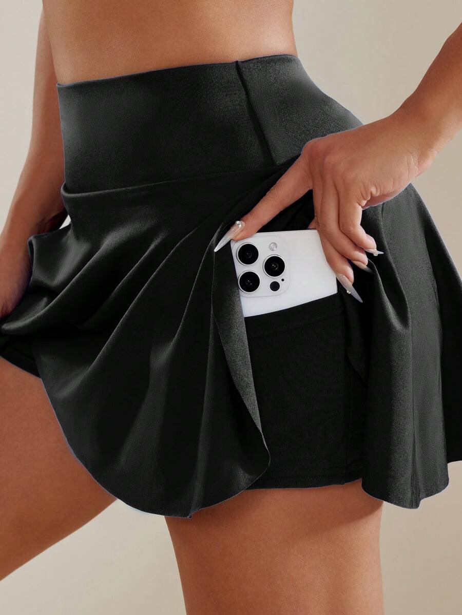 Summer Workout Women's Pocketed Stretchy Athletic Ruffle Skirt Shorts Yoga Gym Pants Black Sports - Black - View 1