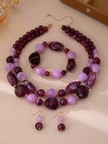 1 Set vielseitiger Luxus Amethyst Kunststein Mehrlagiger Perlenkette, geeignet für täglichen Gebrauch, Partys, Reisen, Geburtstagsgeschenk