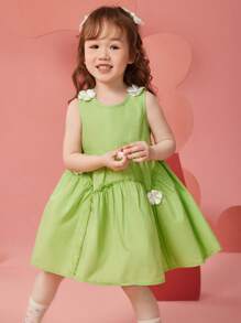 Young Girls' Sleeveless A-Line Dress With Floral Embellishment, Breathable & Moisture-Wicking, Summer - Green - View 3