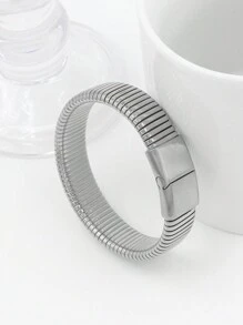 1pc Hip Hop Top 18K Gold Stainless Steel Polishing Side Pull Magnetic Buckle Elastic Wide Face Bracelet With Medieval Texture Couple Design Bracelet Customizable Name Simple Daily Style, Products Includes Gift Box, Valentine's Day Gift, Birthday Gift, Mother's Day Gift, Daily Gift