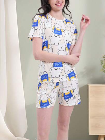 1 Set Conjunto de pijama casual blanco con estampado de osos de peluche, de manga corta y pantalón corto, hecho en punto Icefil con costillas, para mujer para primavera/verano