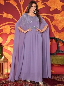 Women's Solid Color Sequin Decor Belted Abaya, Round Neck Elegant Dress Spring - Mauve Purple - View 9