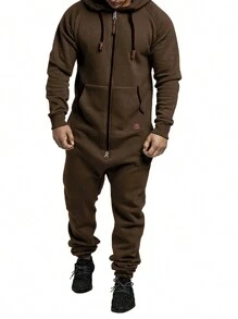 Men Winter Hooded Jumpsuits With Pockets Full Zipper Up Sweatsuit - 深棕色 - 查看 1
