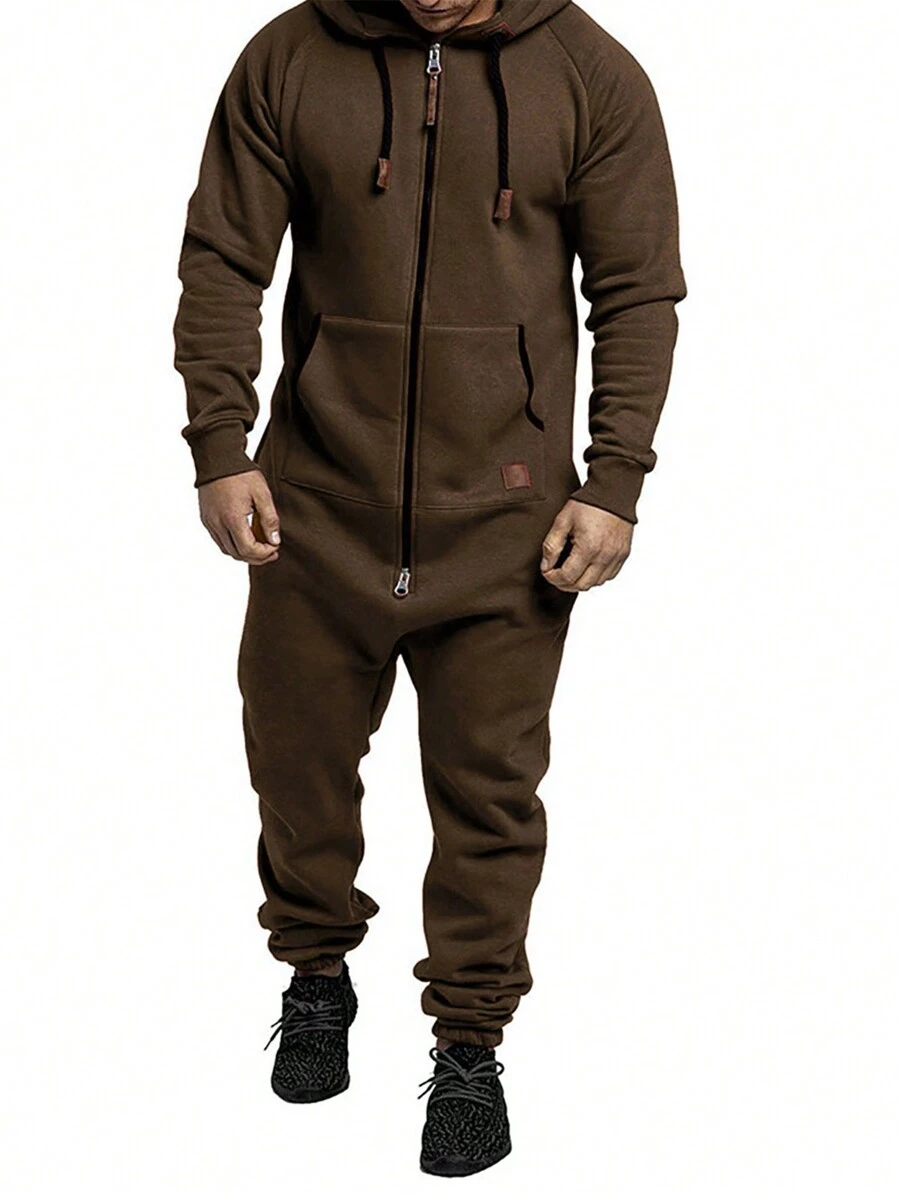 Men Winter Hooded Jumpsuits With Pockets Full Zipper Up Sweatsuit - 深棕色 - 查看 1