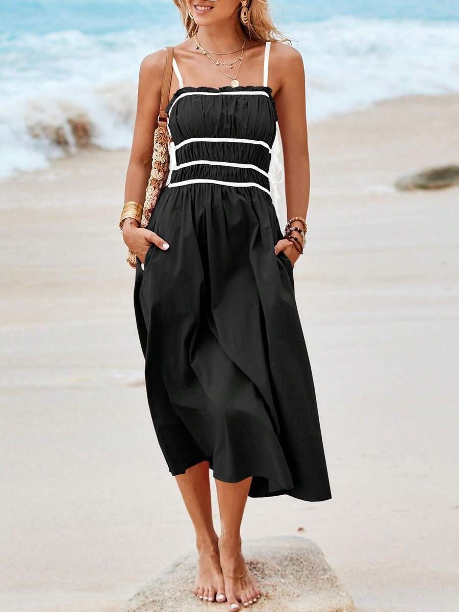 Women's Light And Flowing Spaghetti Strap Midi Dress Sleeveless Tie Strap Contrast Color Smocked Ruffle Dress - 黑色 - 查看 1