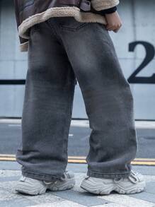 Teen Boys' Washed Retro Denim Jeans, American Casual Street Basic Distressed Straight Leg Pants