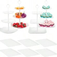 10 Pcs Cake Stand White Plastic Dessert Table Display Set 4 Pcs 3 Tired Cupcake Stand Cookie Tray Rack Serving Tray Cake Display Tower And 6 Pcs Dessert Trays For Wedding Baby Shower Tea Party (White) - 2 Squares + 2 Flower Shapes + 6 Trays - View 4