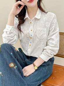 Tozamil Pure Cotton Flower Embroidery Long-Sleeved Blouse, Elegant Collared Blouse For All Seasons, Women's Clothing