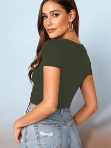 Top Casual Para Mujer Con Fruncido y Manga Corta Unicolor - Verde militar - Ver 3