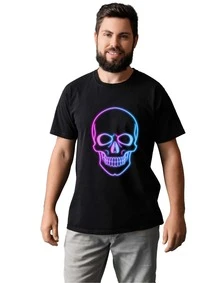 Ajolotastico Black T-Shirt For Men, Neon Rock Skull, Black Casual Round Neck T-Shirt For Men With Neon Rock Skull Print, Short-Sleeved Urban Top, Printed Fashion For Daily Use, Street Fashion - 黑色 - 查看 3