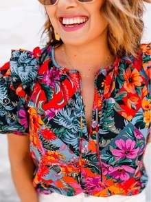 Women's Floral Print V-Neck Ruffle Hem Short Sleeve T-Shirt, Fashionable Summer Pullover Top - Multicolor - View 2