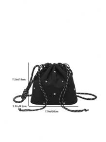 带水钻的抽绳水桶包，时尚休闲编织肩带女士单肩/斜挎包，轻便防水简约日式风格 - 黑色 - 查看 4