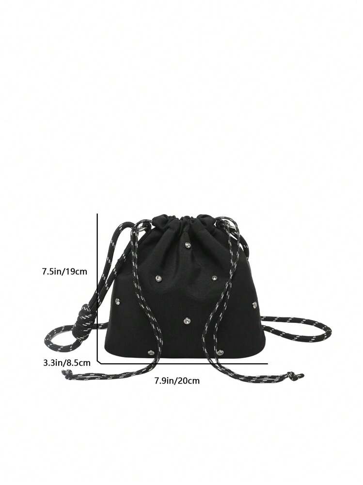 DAZY Drawstring Bucket Bag With Rhinestones, Fashionable Casual Braided Strap Shoulder/Crossbody Bag For Women, Lightweight Water-Resistant Minimalist Japanese Style - Black - View 3