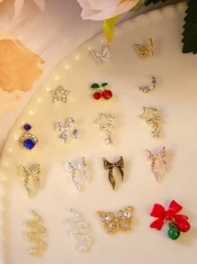 6-Grid Jewelry Light Luxury Alloy Nail Decorations, Containing Various Diamond-Studded Alloy Jewelry, Butterflies, Bells, Cherries, Stars, And Moons Sparkling For Nail Art Design Family DIY
