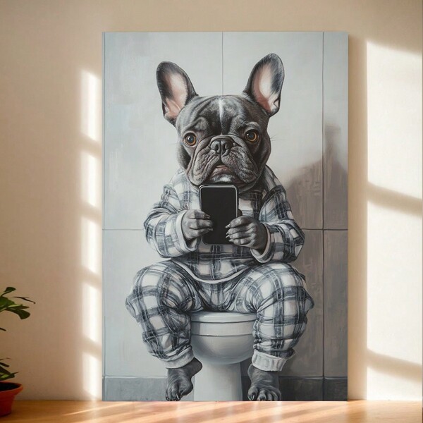 Comical French Bulldog Standing On Balcony, Lifestyle Wall Art, Ideal For Hotel Or Apartment Walls, Living Room And Bathroom Canvas Poster,Festive Touch For Valentine's And New Year