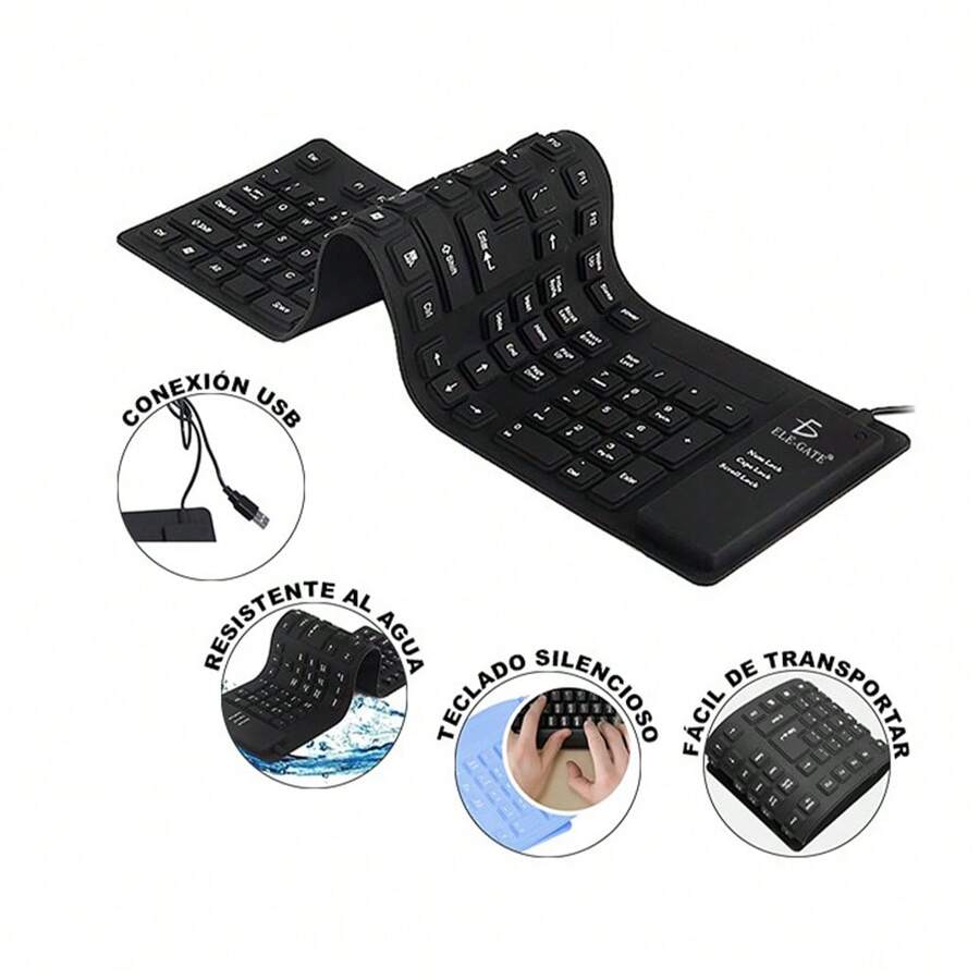 Teclado Alambrico Flexible Usb Pc Laptop Contra Agua CON NUMERICO - Negro - Ver 1