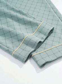 Men Plaid Print Contrast Piping Top & Pants PJ Set - Green - View 7