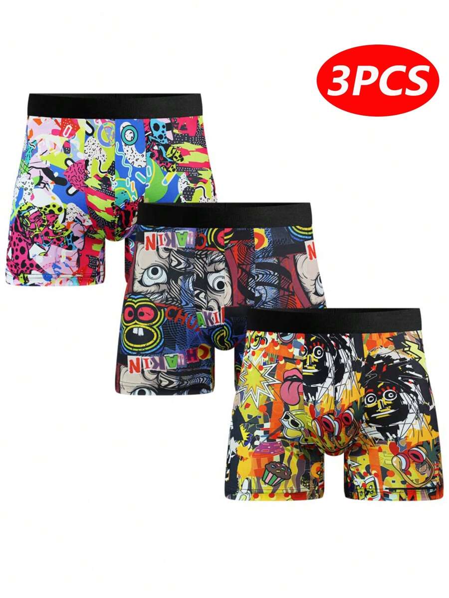 3Pcs/Set Mens Boxer Briefs Shorts Trunks Underwear Funny Printed Underpants Comfortable Pants Breathable Soft Stretch Fit 3D Pouch Multipack - Z1(3 Pack) - View 1