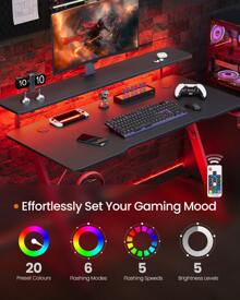 SONGMICS HOME Gaming Desk With LED Lights, Z-Shaped Computer Desk With Monitor Stand, Cup Holder And Headphone Hook, For Home Office, Carbon Black And Ruby Red