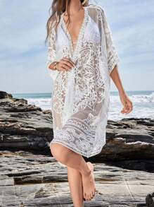 Women's Lace Bikini Cover-Up 3/4 Sleeves Open Front Sheer Mesh Crochet Kimono Cardigan - 白色 - 查看 3