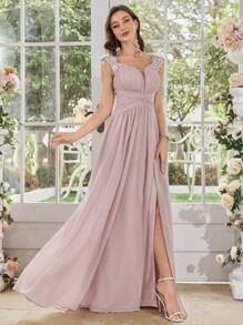 SUPGIR Sweetheart Neck Sleeveless Waist Crossed Ruched Slit Flared Cocktail Dress, Elegant Party & Occasion,Gown,Formal,Evening,Wedding Guest - Pink - View 5