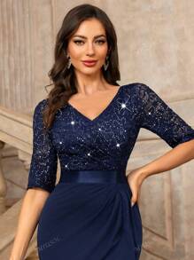 MIUSOL V-hals pailletten bloemen kant half mouw geplooide formele feest maxi jurk, elegante feestjurk voor vrouwen, formele avondjurk, galajurk, voor bruiloftsgasten, afstuderen, diner