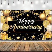 Striscione 'Buon Anniversario' in nero e oro | Decorazioni per feste di anniversario, sfondo 'Buon Anniversario' | Logo per anniversario, decorazioni per anniversario di matrimonio