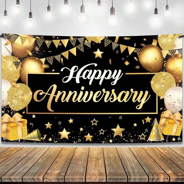 Striscione 'Buon Anniversario' in nero e oro | Decorazioni per feste di anniversario, sfondo 'Buon Anniversario' | Logo per anniversario, decorazioni per anniversario di matrimonio
