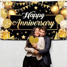 Striscione 'Buon Anniversario' in nero e oro | Decorazioni per feste di anniversario, sfondo 'Buon Anniversario' | Logo per anniversario, decorazioni per anniversario di matrimonio