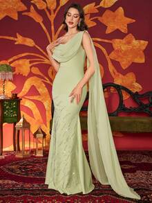 女士深V领无袖裹身连衣裙，配长拖尾腰带、前襟荷叶边、纯色修身款、奢华水钻和串珠下摆，优雅晚礼服（水钻随机排列，水钻方向随机），露背系带设计，鱼尾裙摆，适合派对、正式场合、婚礼宾客等春季穿着。 - 芥末黃 - 查看 7