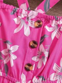 Young Girl' Floral Print Spaghetti Strap Jumpsuit, Cinched Waist Waist Wide Leg, Suitable For Resort & Summer - Rose Red - View 4