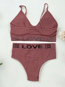Sexy Sports Set With Top And Panties In Microfiber Fabric, Beautiful Love Letter Design And Bow Appliqué In The Center, Various Colors, Fresh And Comfortable, Premium Quality. - 珊瑚粉 - 查看 2