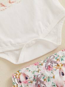Conjunto de 3 piezas de ropa de Pascua para niñas pequeñas, mono de manga corta con estampado de conejito y pantalones cortos elásticos con diadema. - Blanco - Ver 7