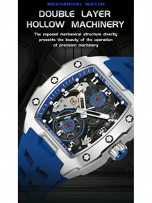 Megir Mechanical Watch, Square Face, Large Dial, Luminescent Hands, Multifunctional, Waterproof, Men's Fashionable Gift - 藍白色 - 查看 5