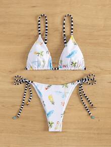 New European And American Style Women Palm Tree Print Bikini Set Swimwear, For Summer Beach Vacation - White - View 3