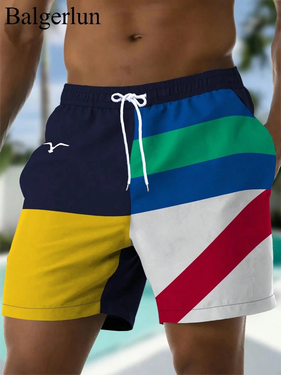 Men's Summer Seagull 3D Print Quick Dry Drawstring Waist Side Pockets Beach Shorts, Lightweight Mesh Lining, Casual Style For Beach Vacation,Hawaiian - Multicolor - View 1